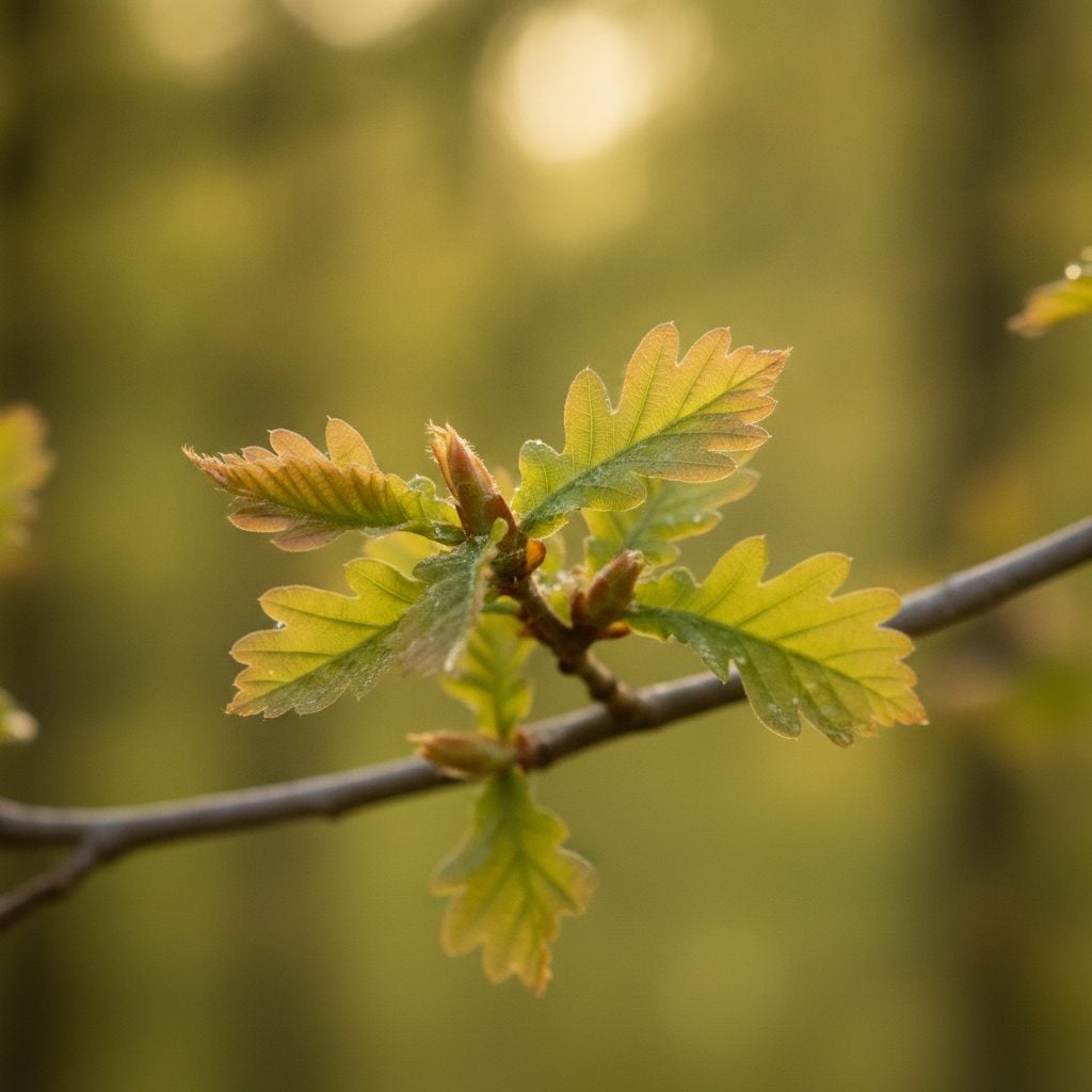 Small oak leaves just emerging on a spring branch at squirrel-ear size in soft warm late morning light.