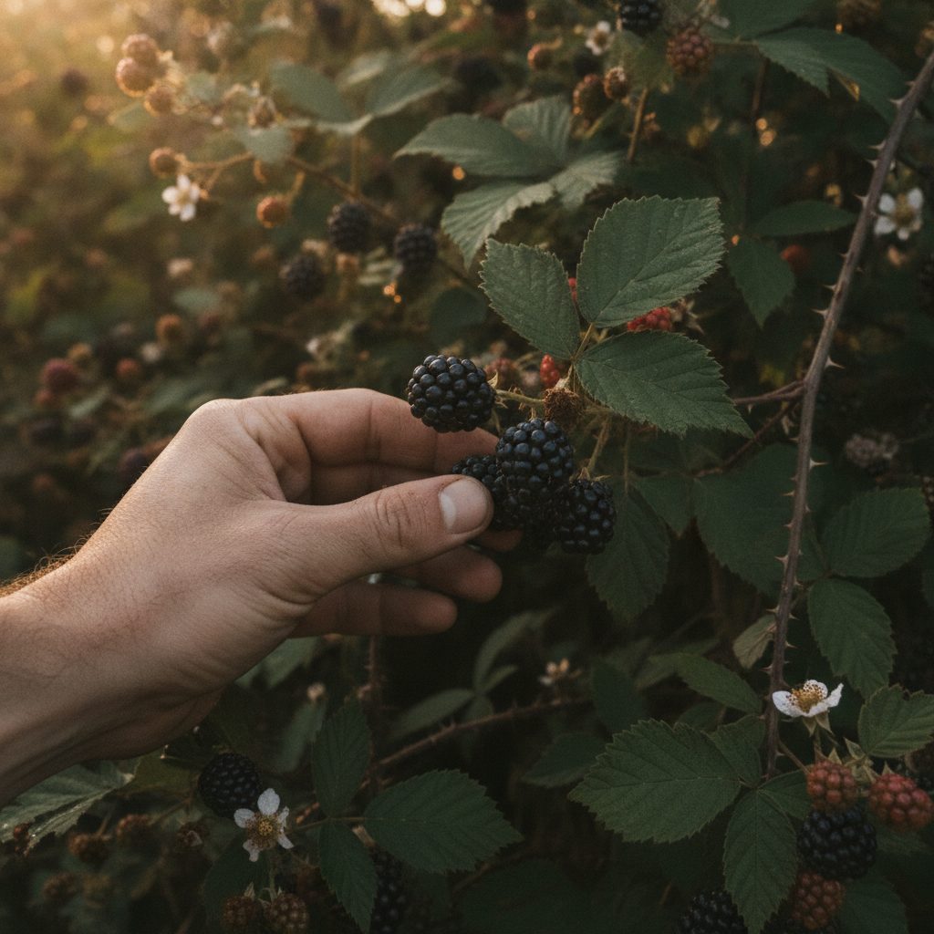 Forager's hand carefully picking dark purple ripe blackberries from a thorny bramble in soft afternoon light.