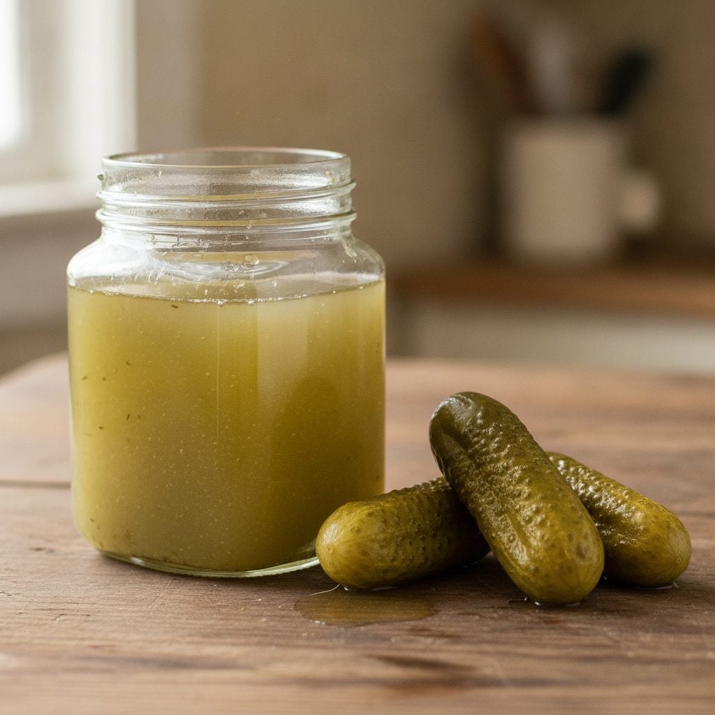 Open glass jar of cloudy pickle juice brine with dill pickles on a wooden table, showing pickle juice uses
