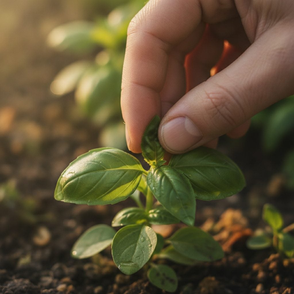 Gardener's fingers pinching off the top growing tip of a young basil plant just above a leaf node in soft morning light.