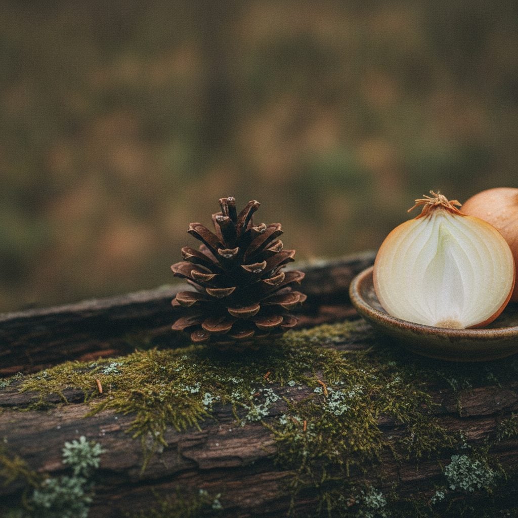 Open pine cone on a mossy log beside a thick-skinned yellow onion, two natural winter weather signs from nature read by farmers each fall.