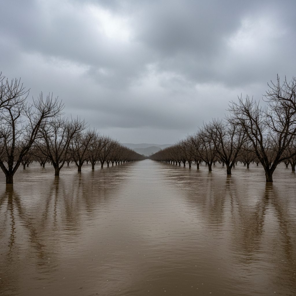 Flooded Central Valley orchard during a Pineapple Express atmospheric river event in California.