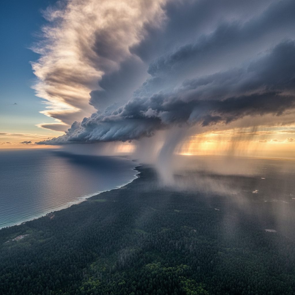 Long arc of storm clouds from the tropical Pacific to California redwood country, a Pineapple Express atmospheric river in action.