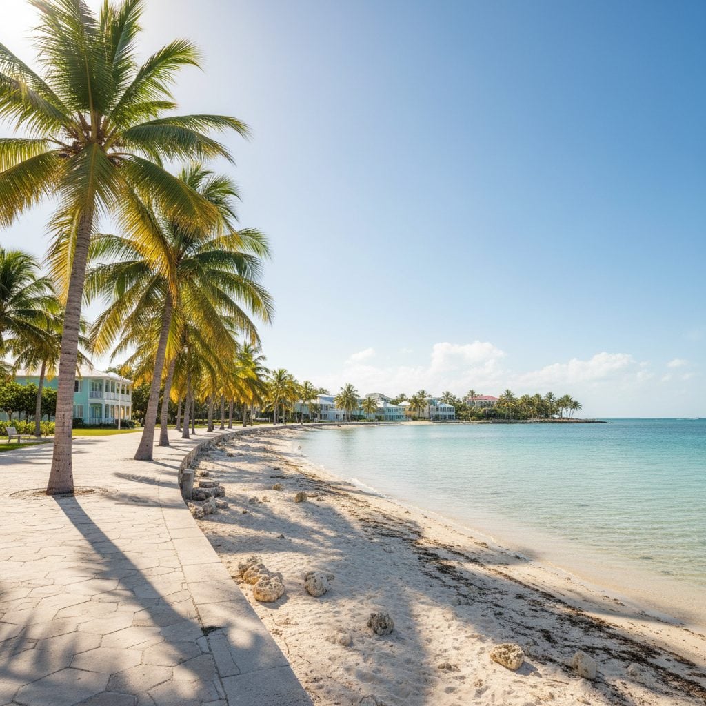 Key West Florida palm trees and turquoise ocean under bright sun, one of the U.S. places where it has never snowed.