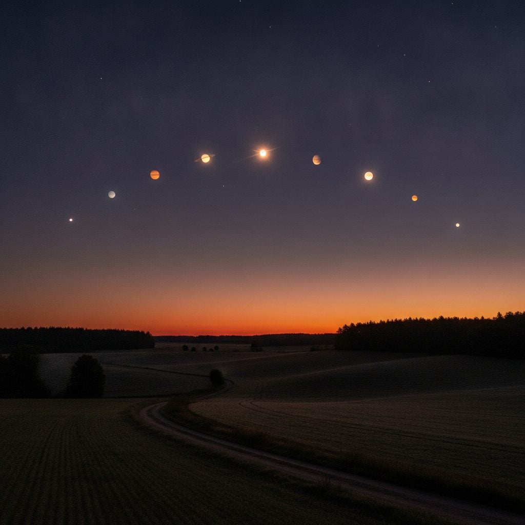 Several planets of a planetary parade strung in a gentle arc above a dark field at dawn