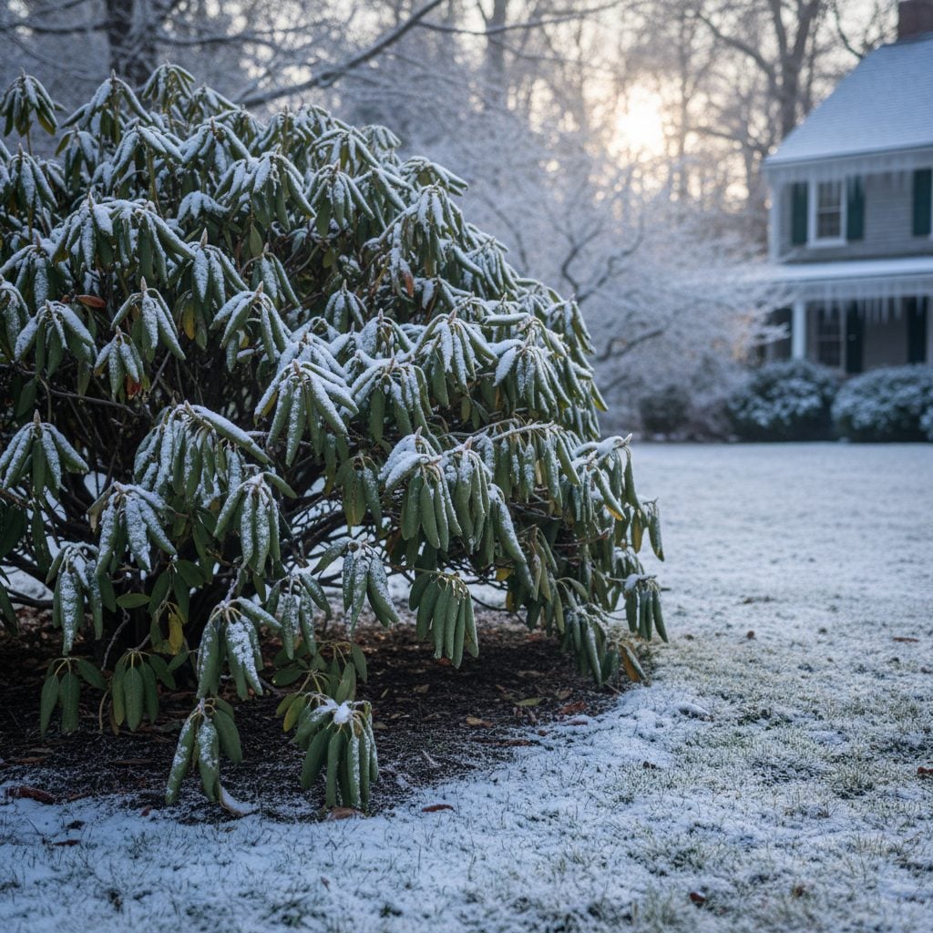 Rhododendron leaves curled tightly in subfreezing weather, plants that predict the weather by temperature.