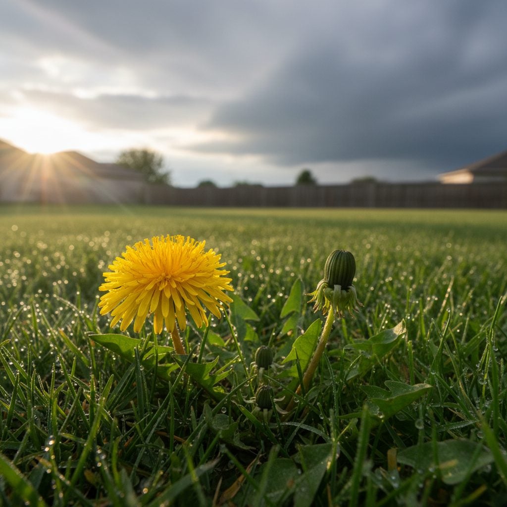 Open and closed dandelions side by side in a lawn under gathering clouds, classic plants that predict the weather.