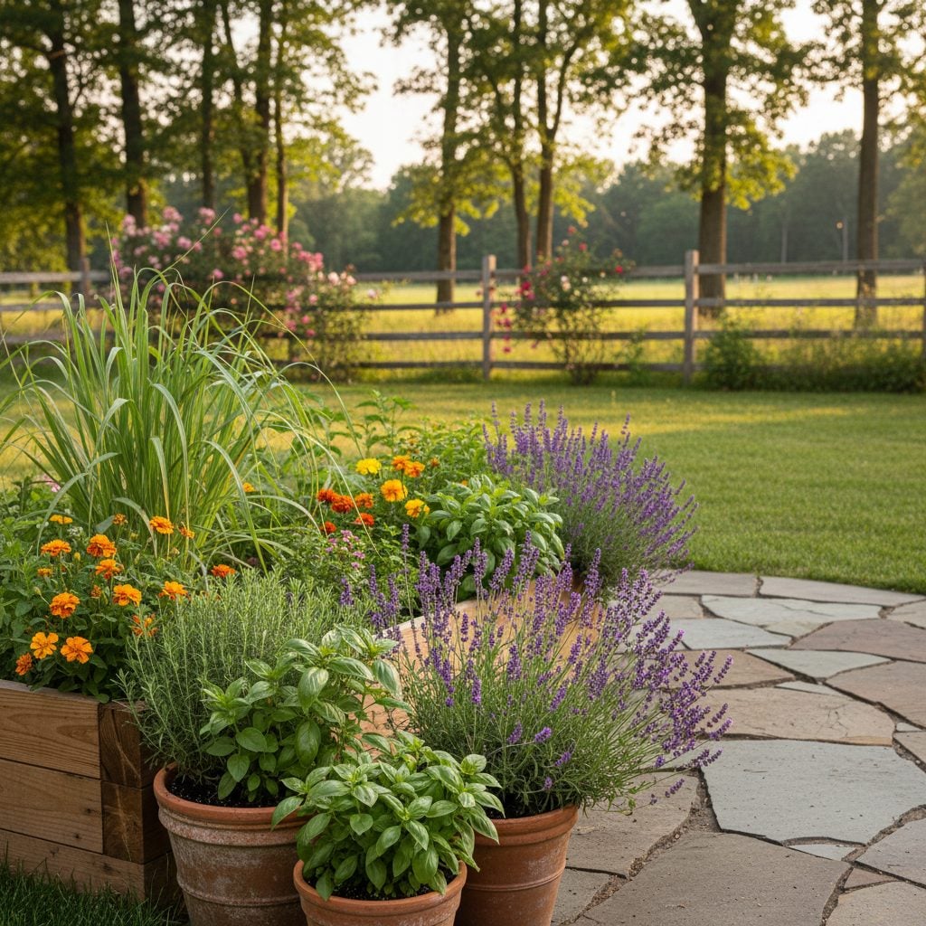 Sunlit backyard herb garden with lavender, basil, mint, and marigolds, plants to keep bugs away from a stone patio in early summer.