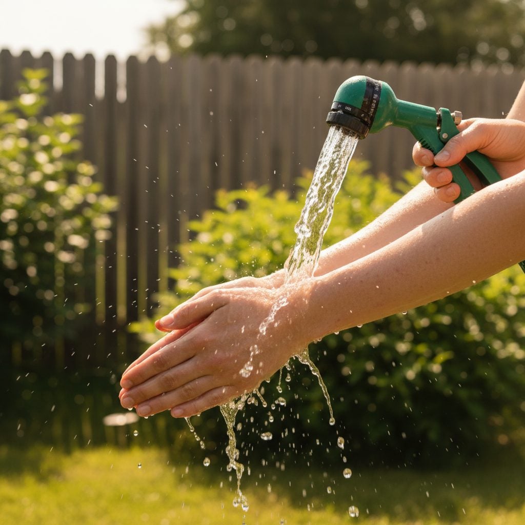 Person rinsing forearms under a garden hose to wash off urushiol, the first and fastest of all poison ivy cures, on a sunny summer afternoon