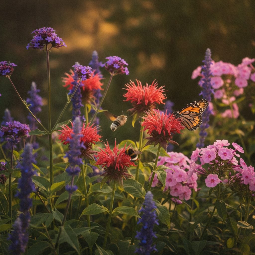 Vibrant summer garden corner of bee balm, purple verbena, blue salvia, and pink phlox in full bloom with hummingbird moth, butterfly, and bee visiting.