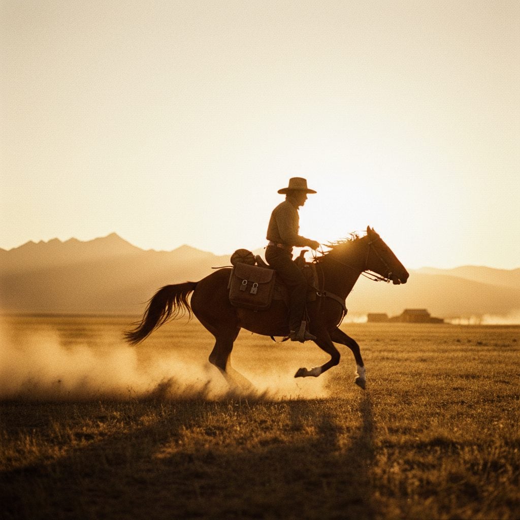 A lone Pony Express rider galloping across an Old West prairie at sunset with a leather mochila on the saddle, dust trailing behind, mountains and relay station buildings in the distance