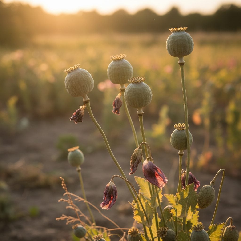 Dried poppy flower seed pods standing on tall stems in a sunny garden, hardened and ready to be clipped for seeds