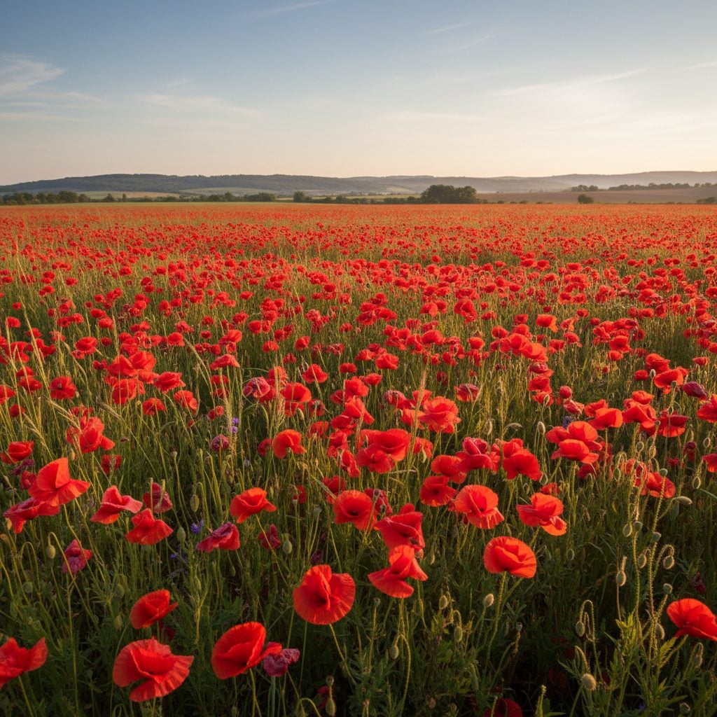 A meadow of red poppy flowers in full bloom under soft morning light, their papery petals glowing across a green field