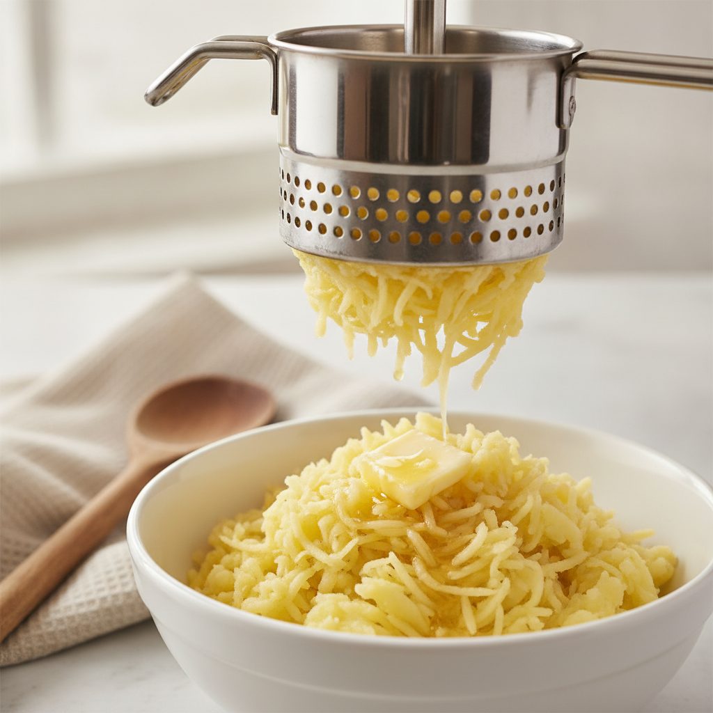 Stainless steel potato ricer pressing fluffy Yukon Gold potato into a white bowl with melted butter