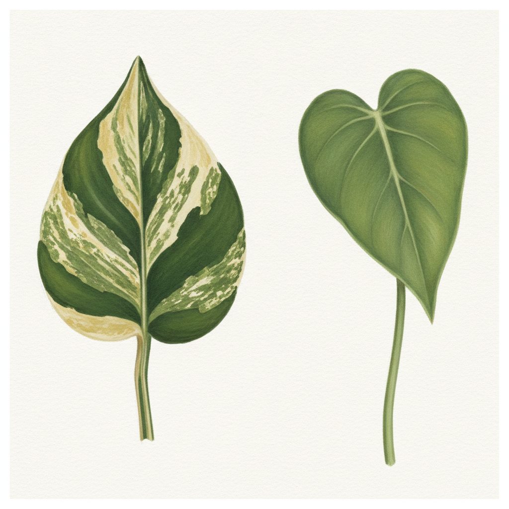 Painted scientific comparison of a single pothos leaf (waxy gold variegation) and a single philodendron leaf (softer uniform green).