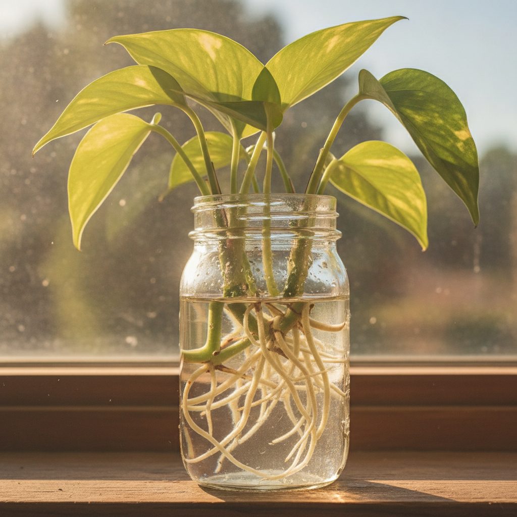 Pothos stem cuttings rooting in a glass jar of water on a sunny windowsill in soft morning light.