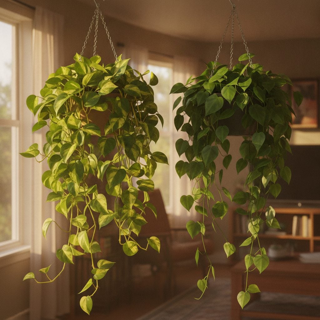 Two large healthy hanging baskets side by side: golden pothos with variegated leaves and heart-leaf philodendron with uniform green leaves in soft afternoon light.
