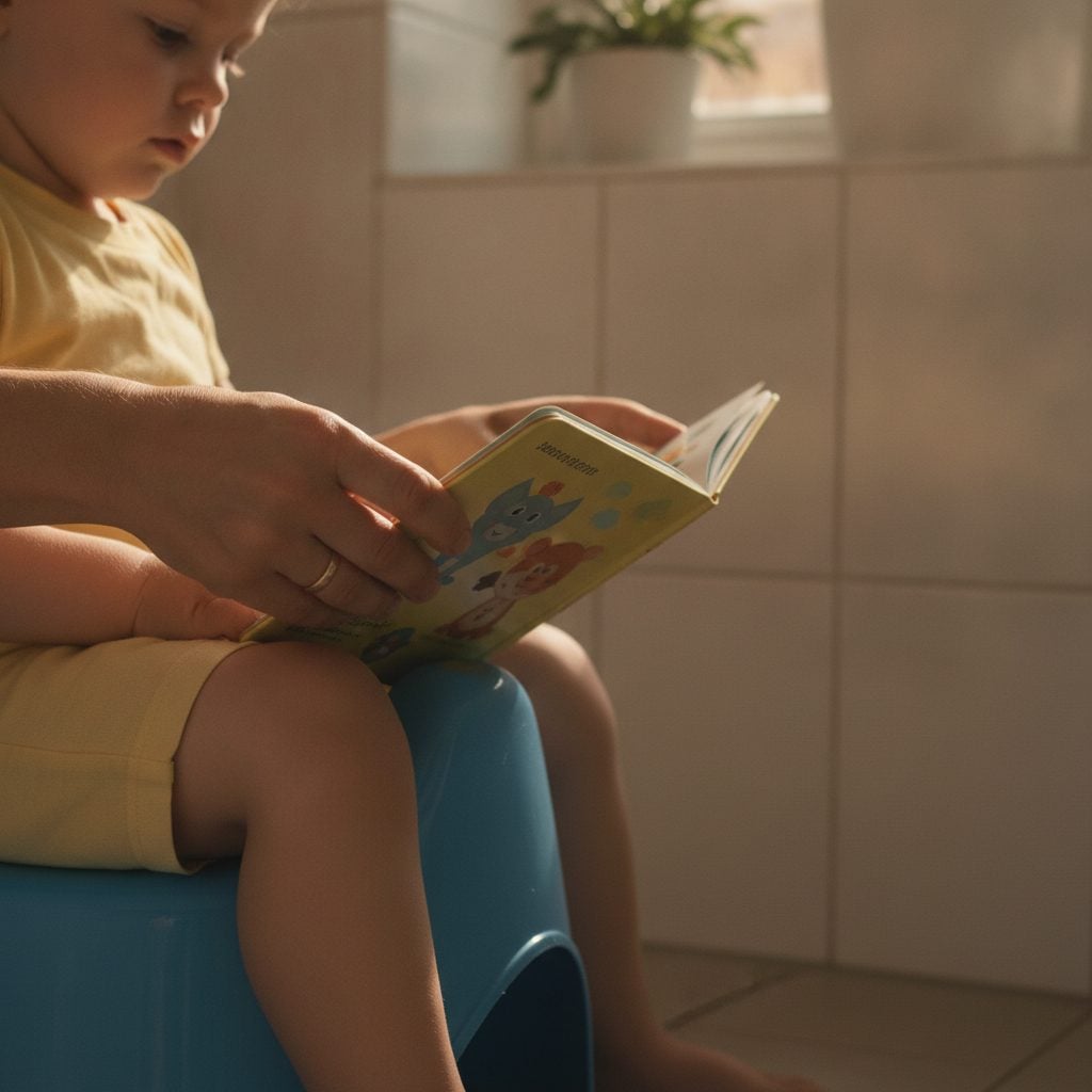 Parent reading a picture book to a child sitting on a potty in a bright bathroom in soft afternoon light.