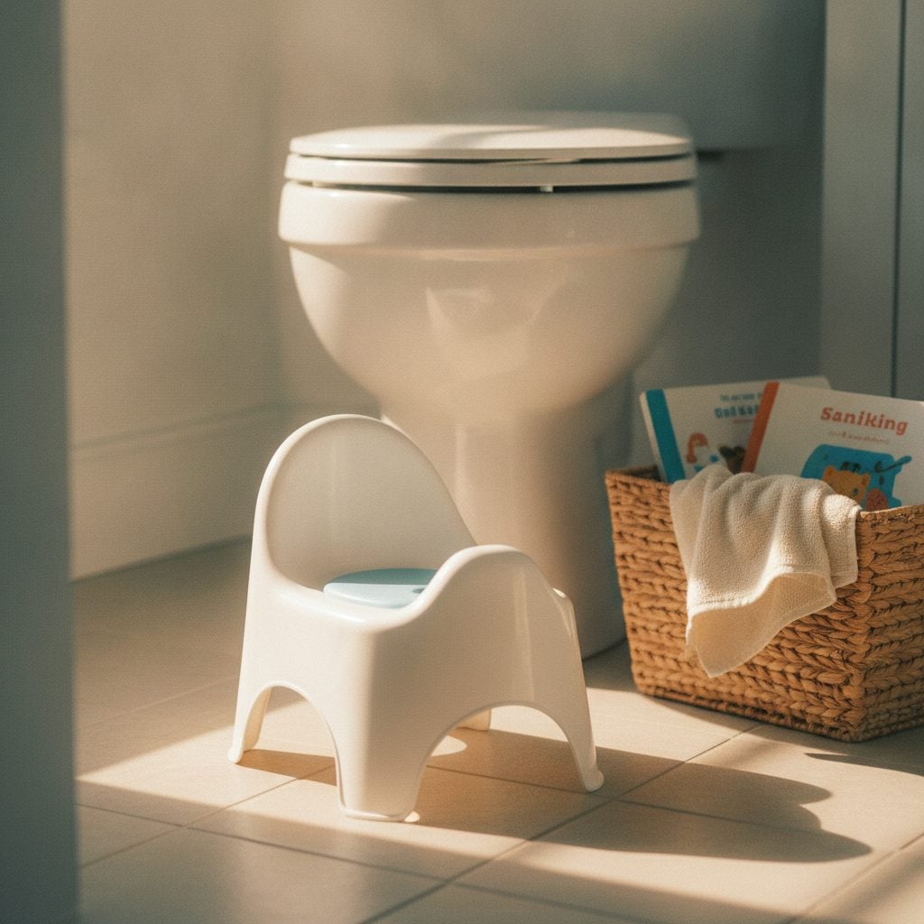 Small white toddler potty chair beside a regular toilet in a bright sunlit bathroom with a basket of children's books and folded towel.