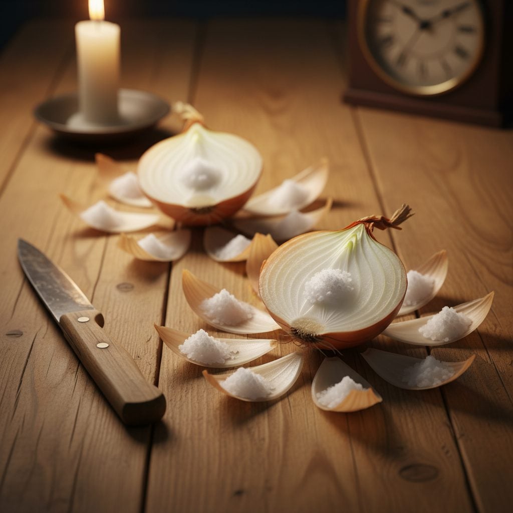 Halved onion with twelve salted layers on a farmhouse table on New Year's Eve, the German Onion Calendar used to predict the weather with an onion.