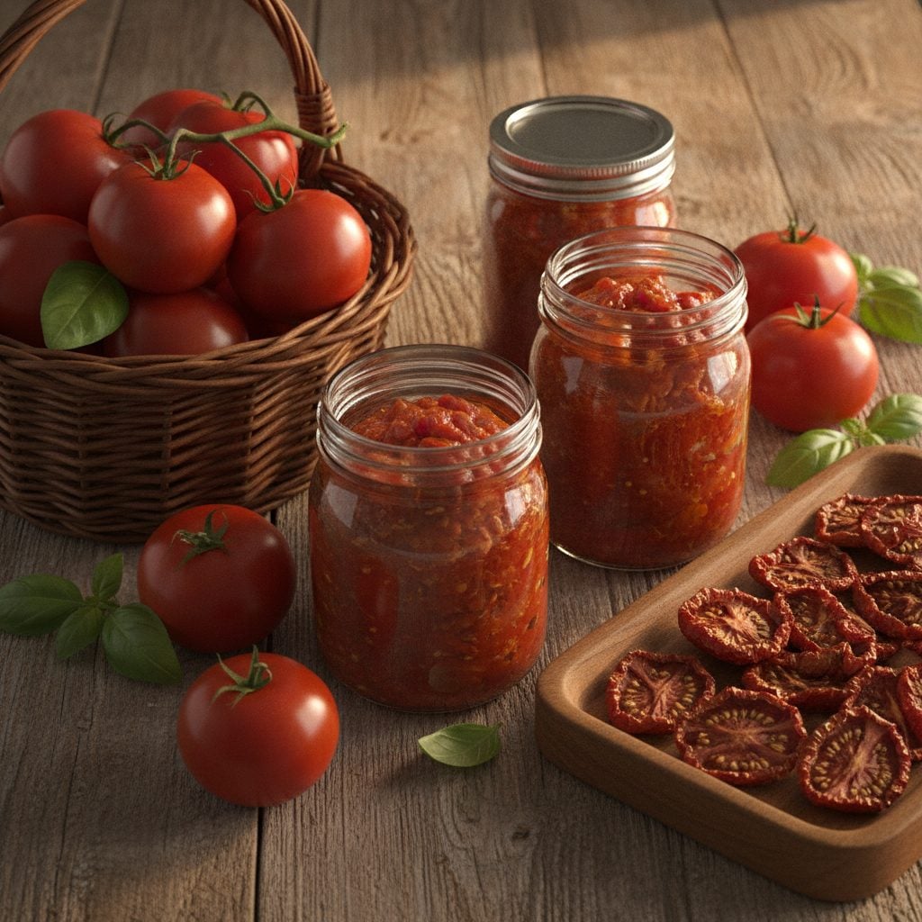 Three ways to preserve tomatoes: fresh in a basket, canned in jars, and dried on a tray