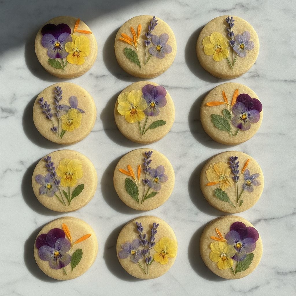 Pressed flower shortbread cookies with pansy lavender and calendula petals on a marble surface