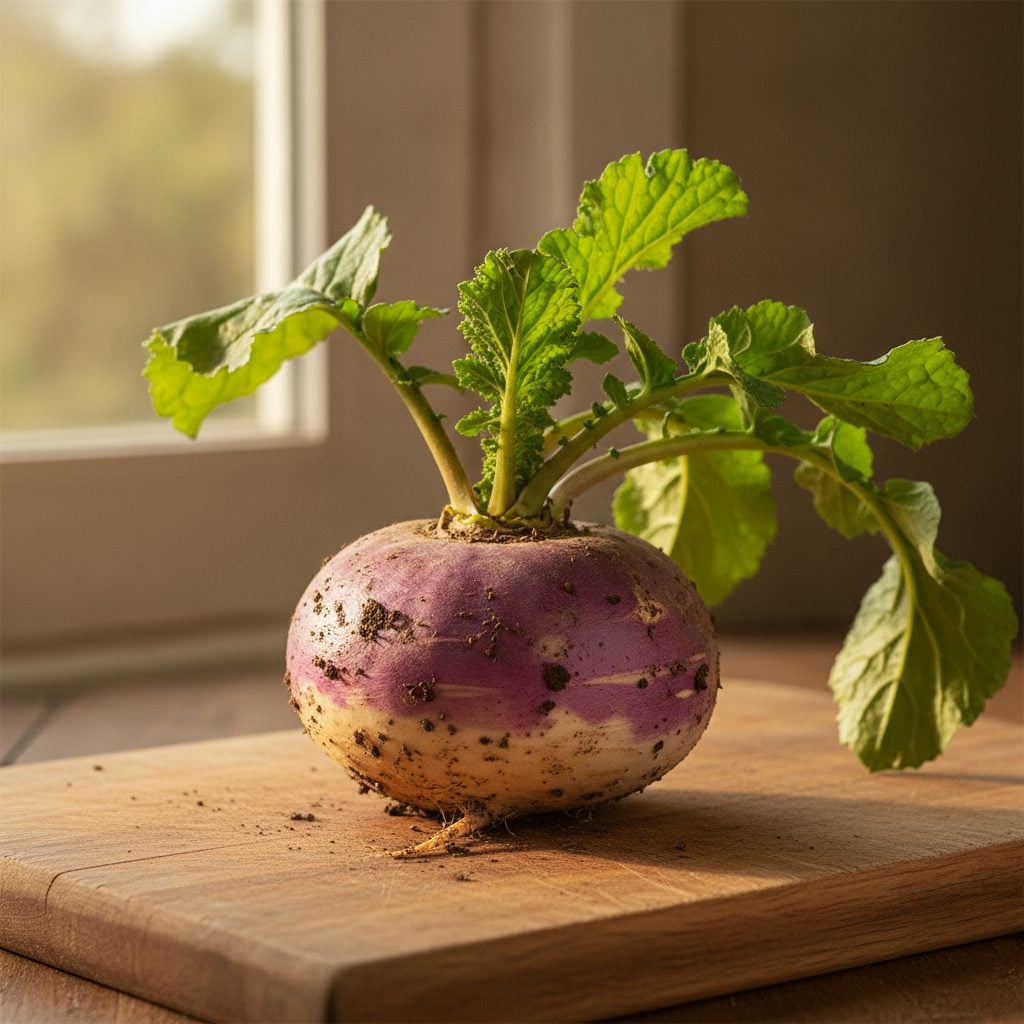 Freshly harvested purple top turnip with bright green leafy tops attached and dirt on the white and purple root on a wooden cutting board.