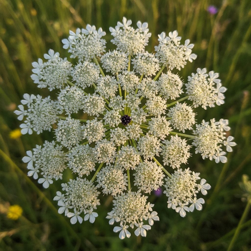Single Queen Anne's lace umbel in full bloom showing the lacy white flat-topped flower with one tiny dark purple-black floret at the center.