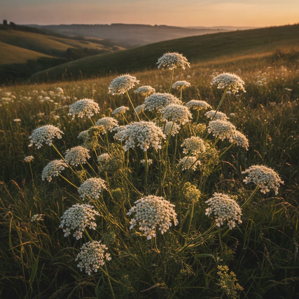 Meadow filled with Queen Anne's lace flowers swaying in golden hour light over a soft hilly landscape background.