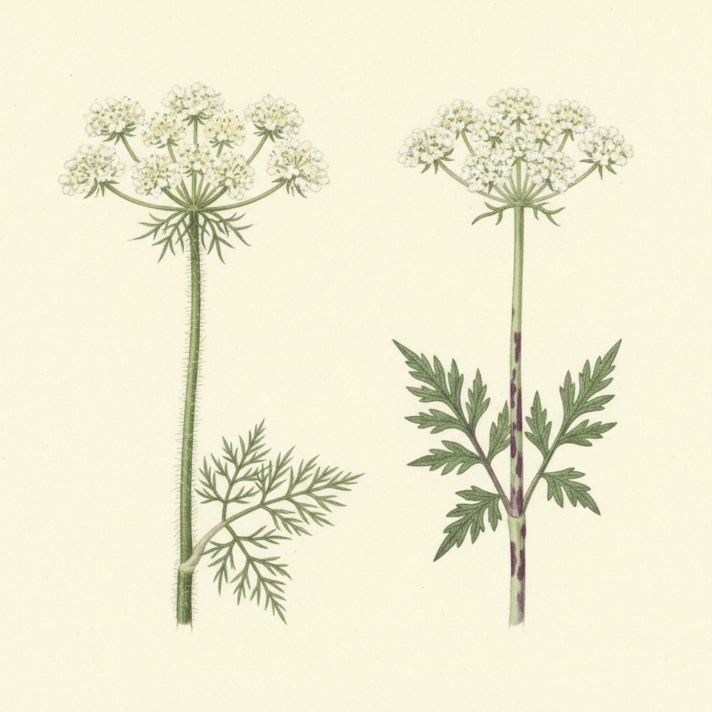 Painted botanical comparison of Queen Anne's lace with hairy green stem and poison hemlock with smooth purple-blotched stem.