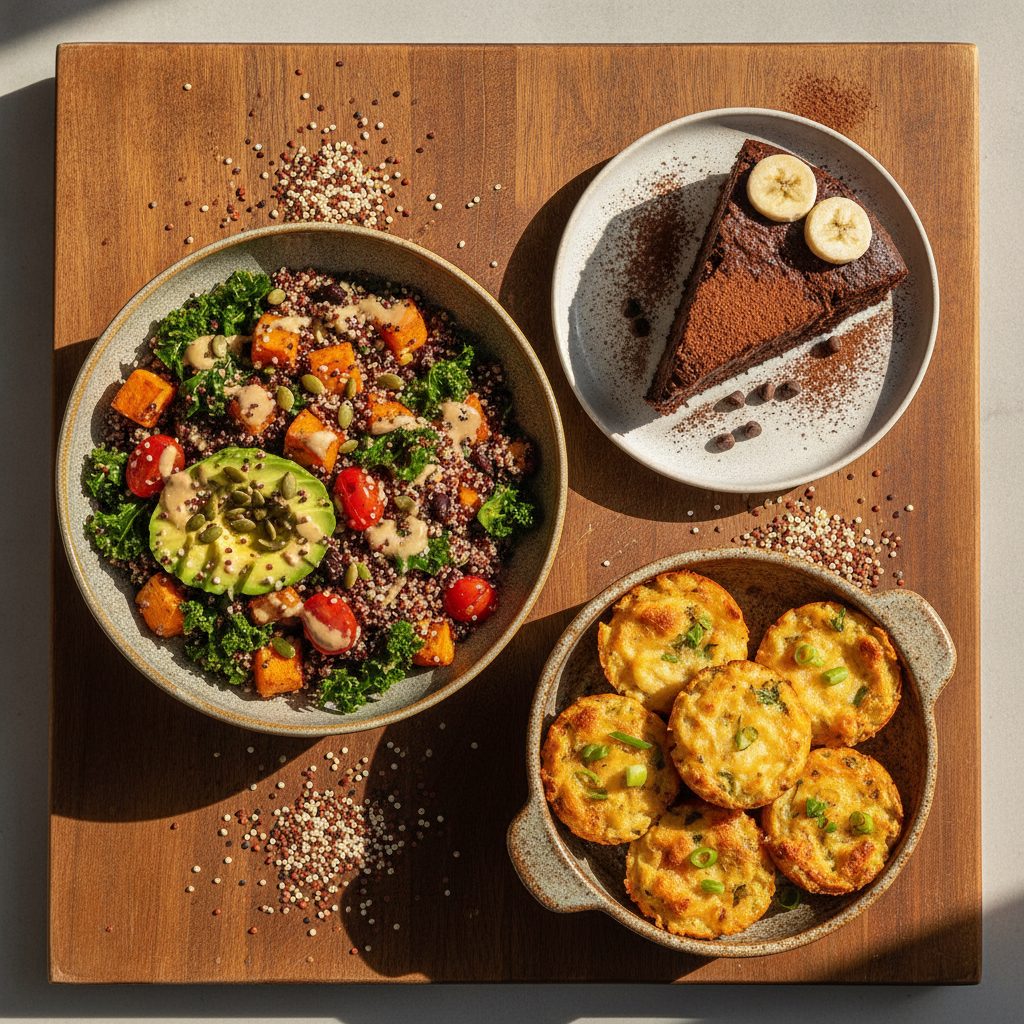 Three quinoa dishes plated together