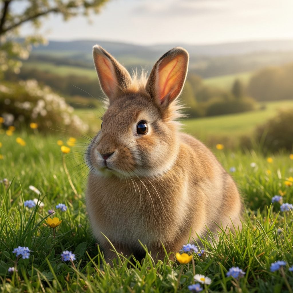 A soft brown rabbit sitting in green spring grass in gentle morning light, evoking the rabbit rabbit good-luck tradition