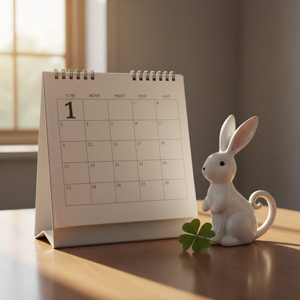 A calendar opened to the first of the month beside a small lucky rabbit figurine, marking the rabbit rabbit good-luck tradition