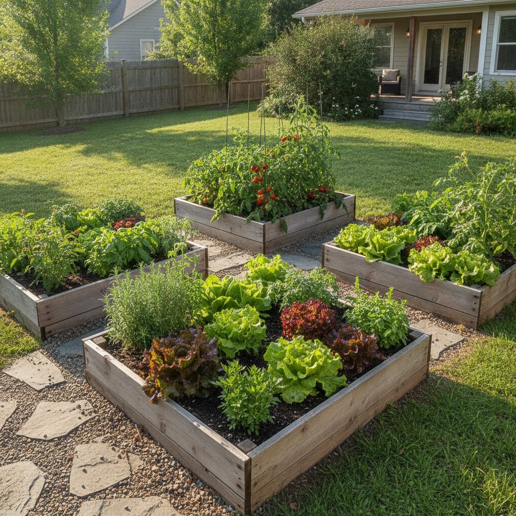 Wooden cedar raised garden beds filled with lettuce, tomatoes, and herbs in dark soil along a stone path in a backyard raised bed garden