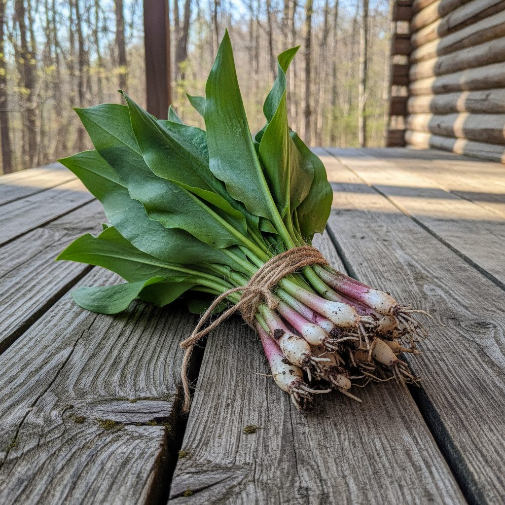 Bunch of foraged wild ramps with green leaves and white bulbs on an Appalachian cabin porch in spring