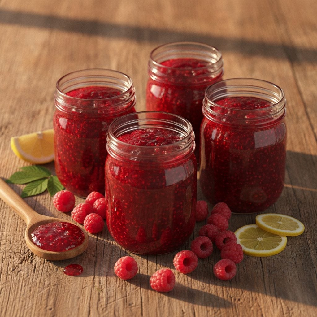 Four half-pint jars of bright red homemade raspberry jam with fresh raspberries and lemons