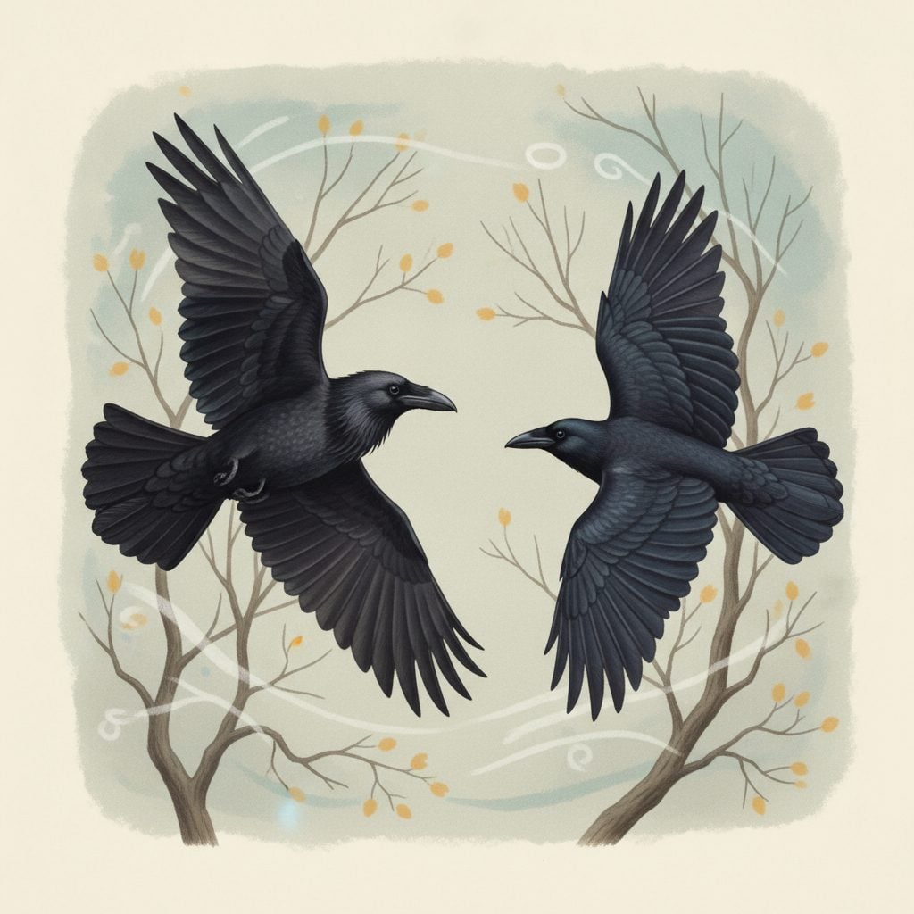 Painted comparison of a raven and an American crow in flight showing size, tail shape, and bill differences.