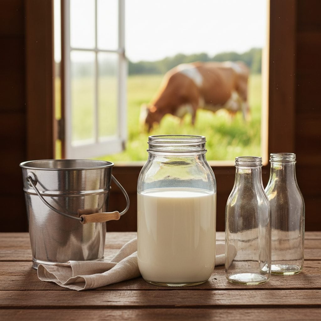 Glass jar of fresh raw cow milk with visible cream line on a farmhouse table, stainless milk pail beside, Jersey cow grazing in background