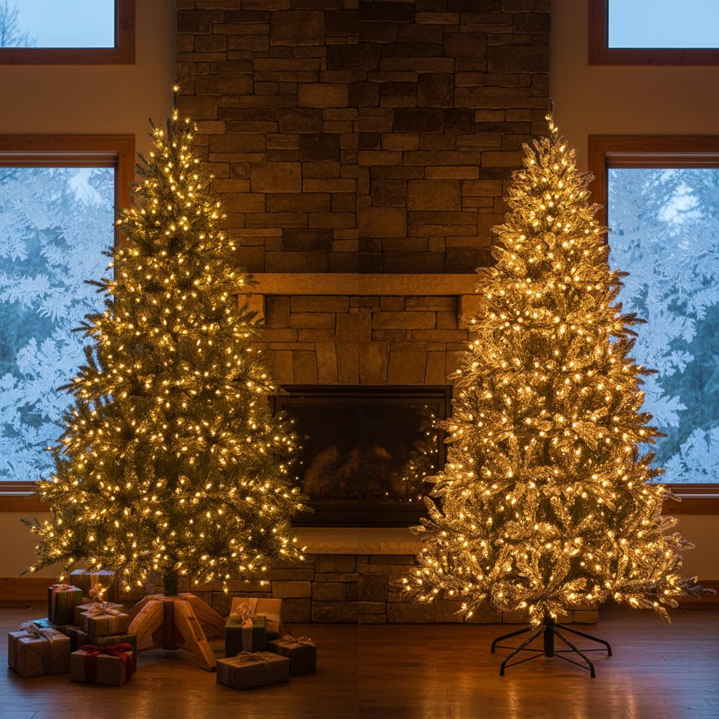 A cozy living room with a fresh-cut real Fraser fir Christmas tree on the left and a tidy artificial Christmas tree on the right, both with warm white lights
