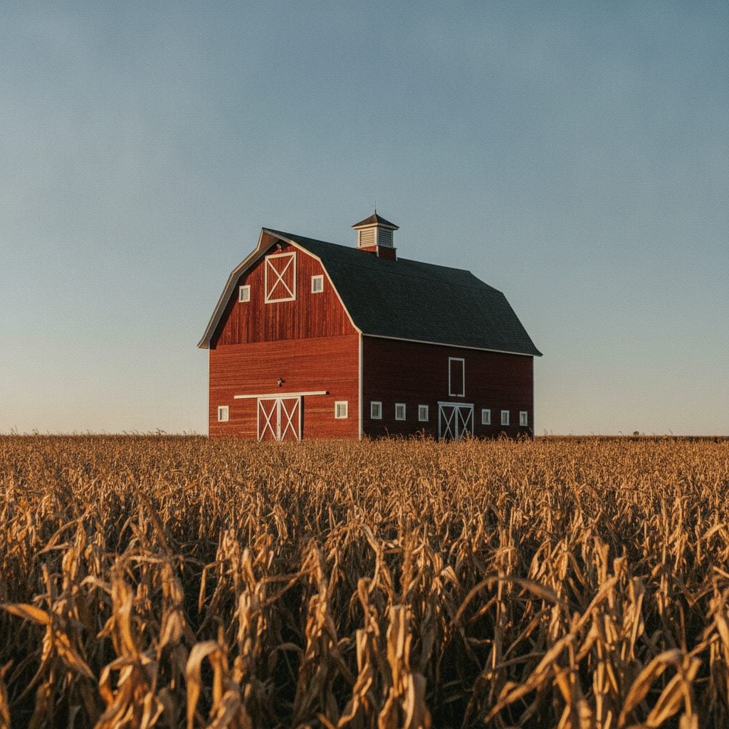 Classic deep red American barn with white trim under a clear blue autumn sky with golden cornfields in the foreground.