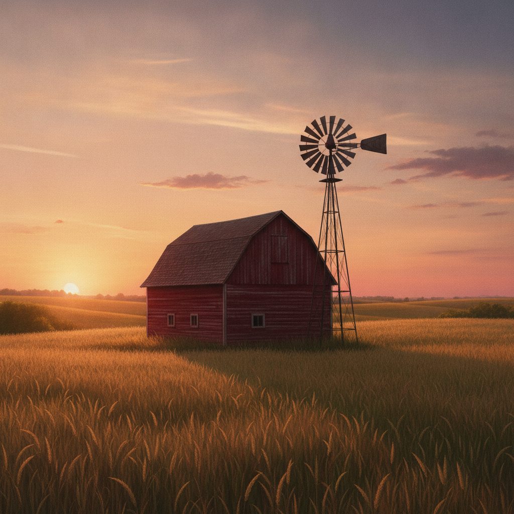 Deep red barn at sunset with a single windmill silhouetted against a rural Midwestern landscape in pink-orange evening light.