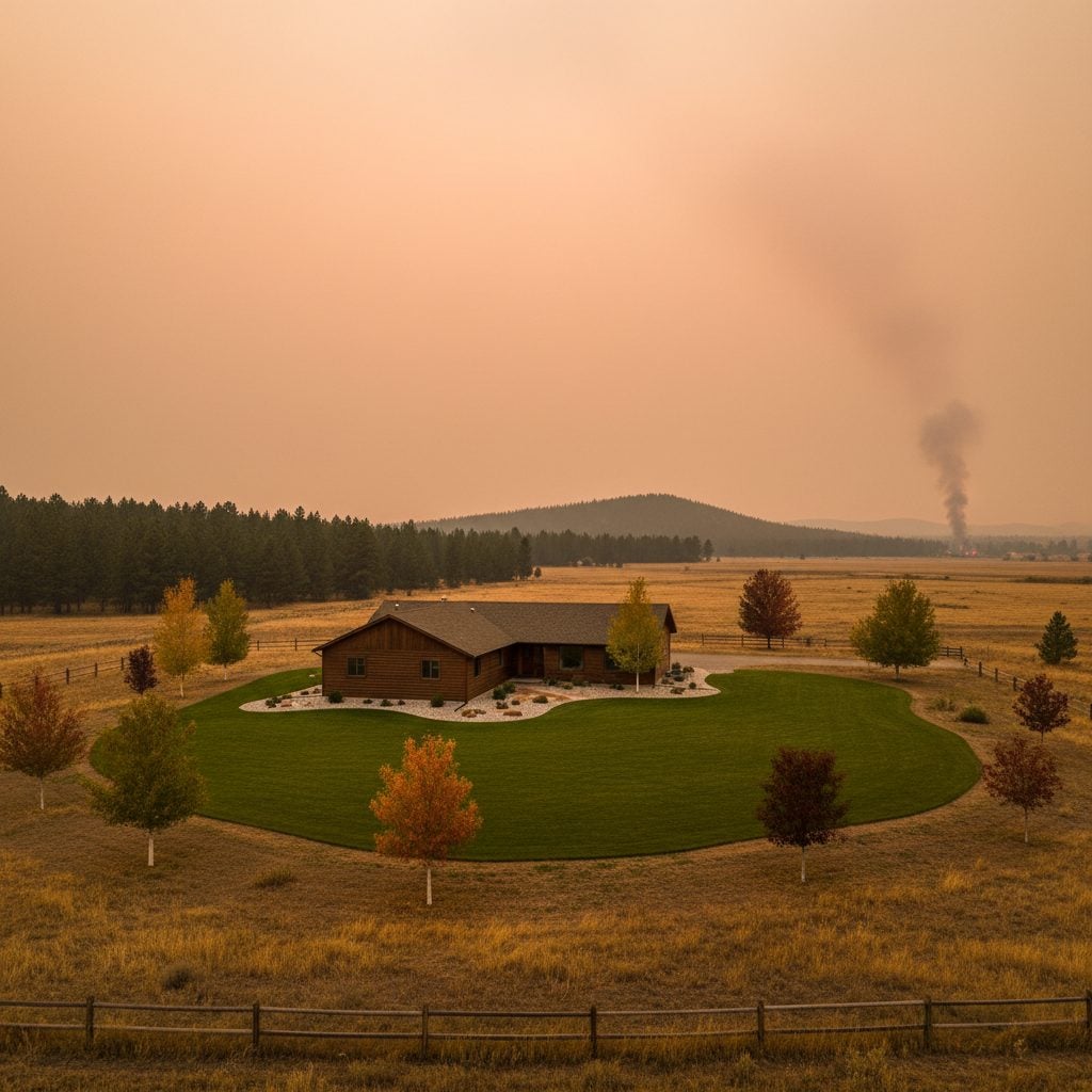 Rural home with cleared defensible space and gravel landscaping designed to reduce the threat of wildfires under a smoky horizon.
