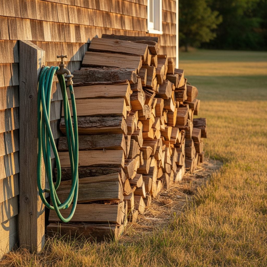 Coiled hose at an outdoor faucet beside a relocated firewood stack, two basic steps to reduce the threat of wildfires near a home.