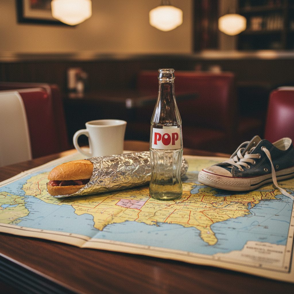 A vintage U.S. road map on a wooden diner table with a glass bottle labeled Pop, a wrapped sub sandwich, and a pair of canvas sneakers as props