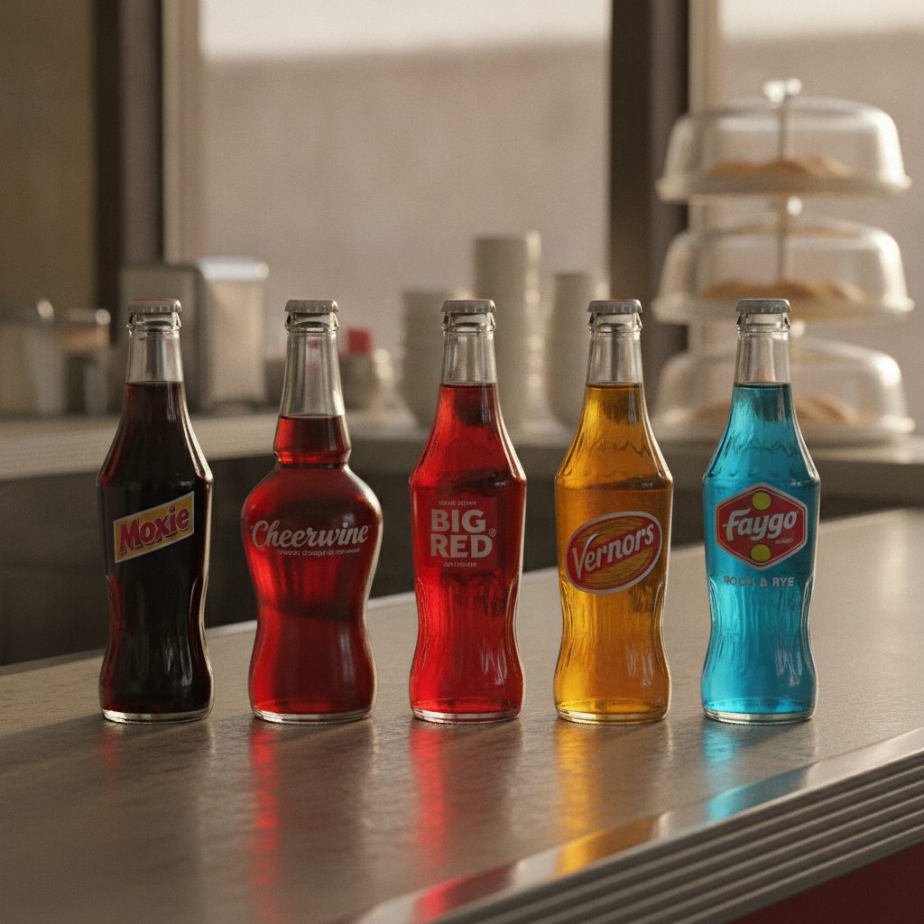 Five regional American soft drinks on a vintage diner counter: Moxie Cheerwine Big Red Vernors Faygo