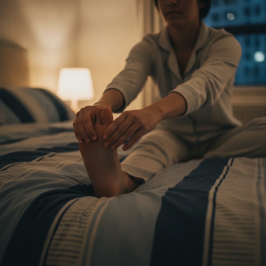 Person sitting on a bed at night gently stretching one leg in soft warm bedside lamp light.