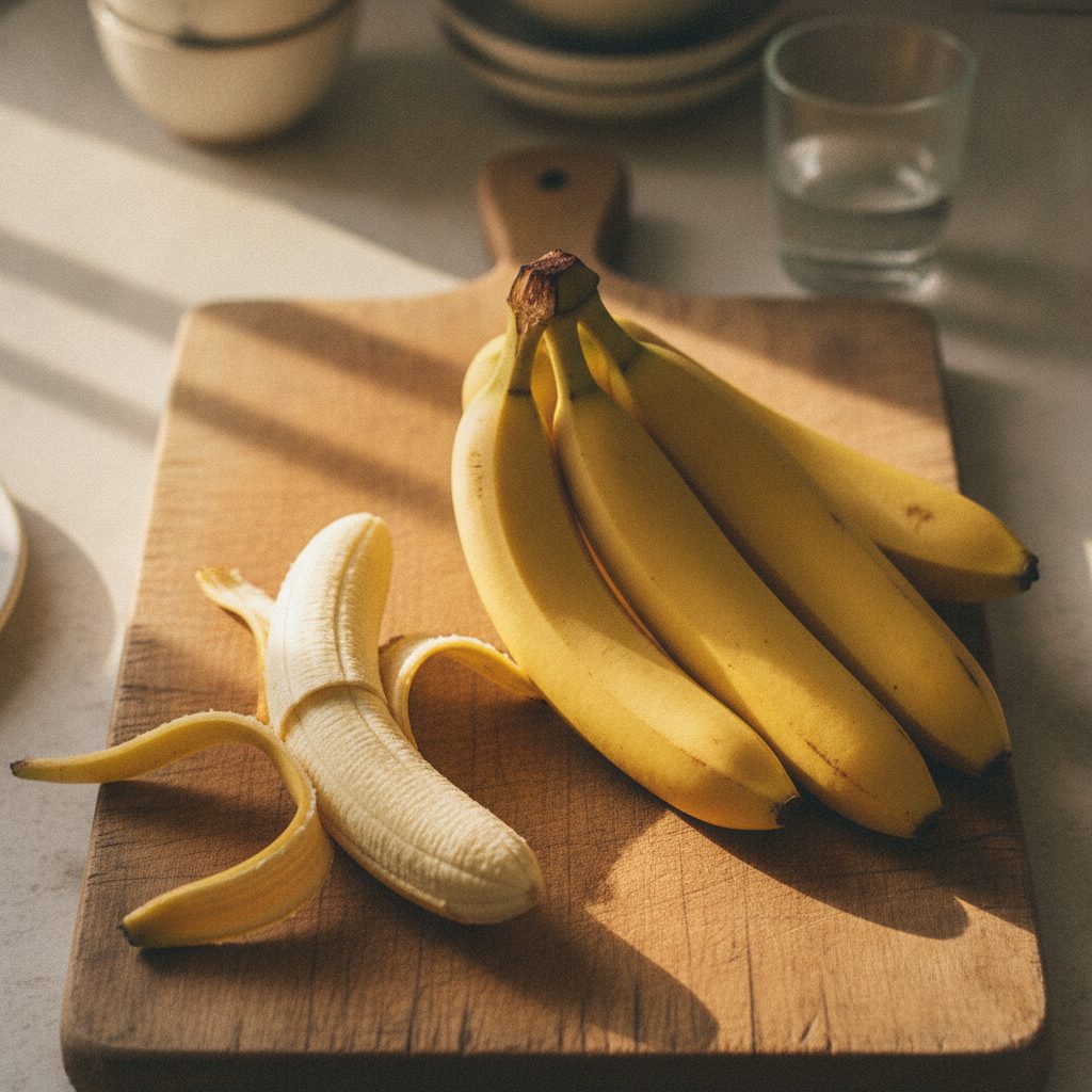 Bunch of ripe yellow Cavendish bananas on a wooden cutting board beside a freshly peeled half banana in soft morning kitchen light.