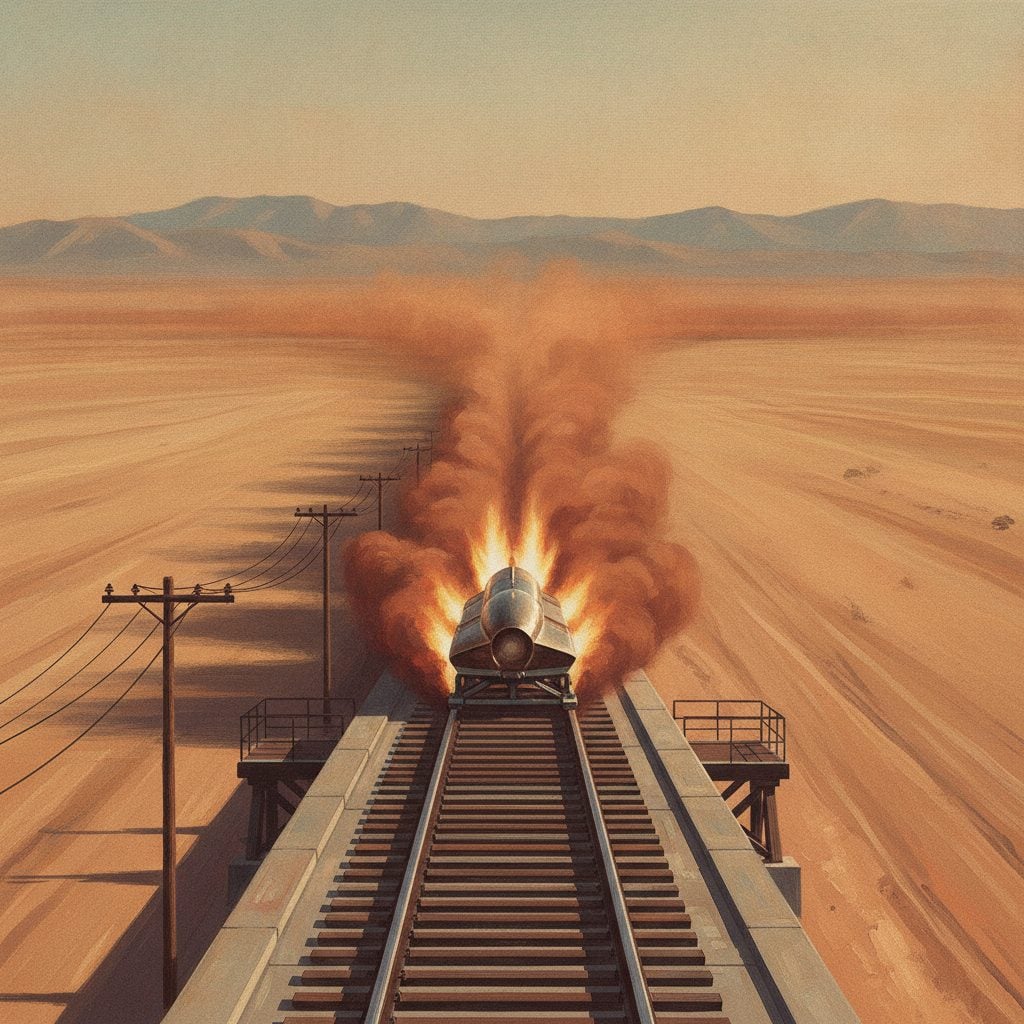 Painted scene of a 1949 rocket-sled test on a dusty California desert track at dawn.