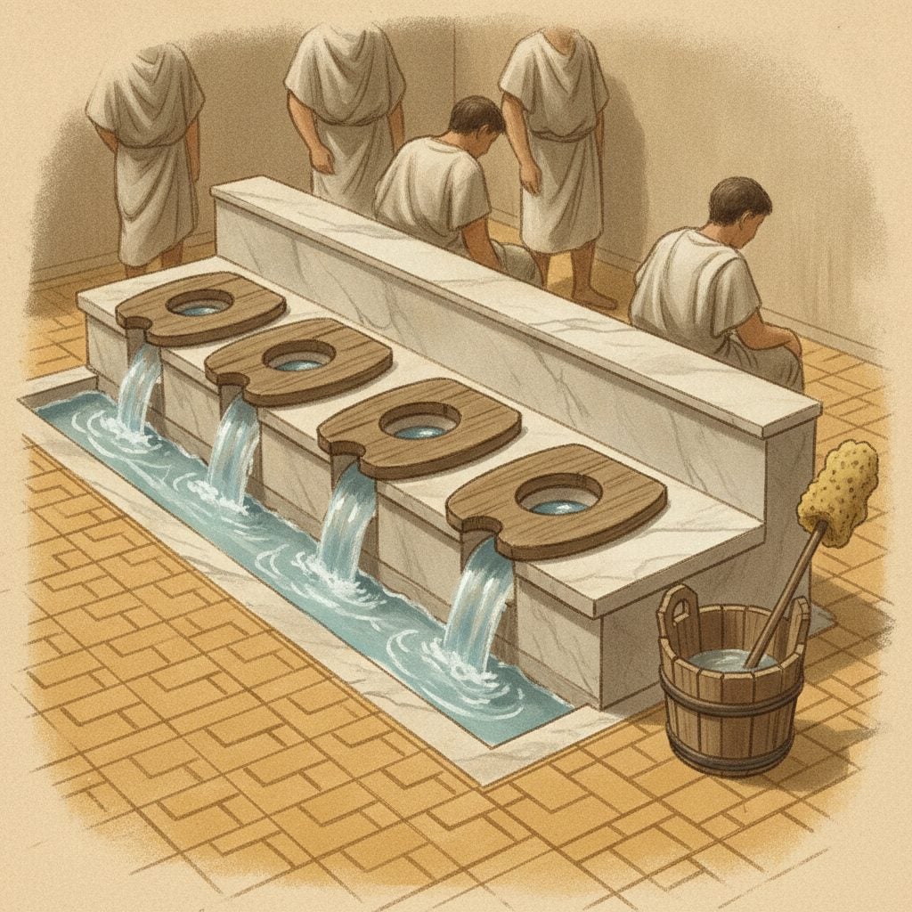 Painted historical scene of a Roman public latrine with multiple wooden seats, running water below, and a bucket containing a sponge-on-stick.