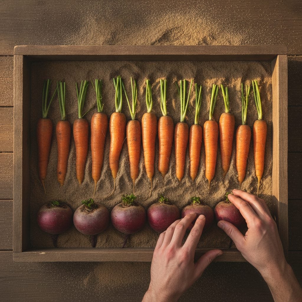 Fresh-harvested carrots and beets with trimmed greens being placed flat in a single layer in a sand-filled wooden box.